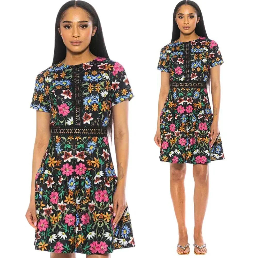 NWT Alexia Admor Women's Size 8 Alexa Lace Trim Fit and Flare Floral Mini Dress
